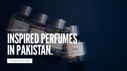 Resemble Perfumes extrait de parfum bottles on deep navy, cover of the inspired perfumes in Pakistan buyer's guide