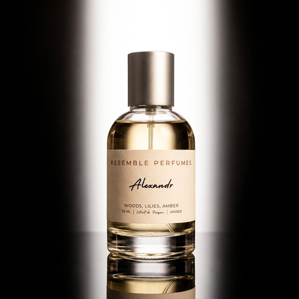 Alexandr extrait de parfum by Resemble Perfumes lit against a dark studio background