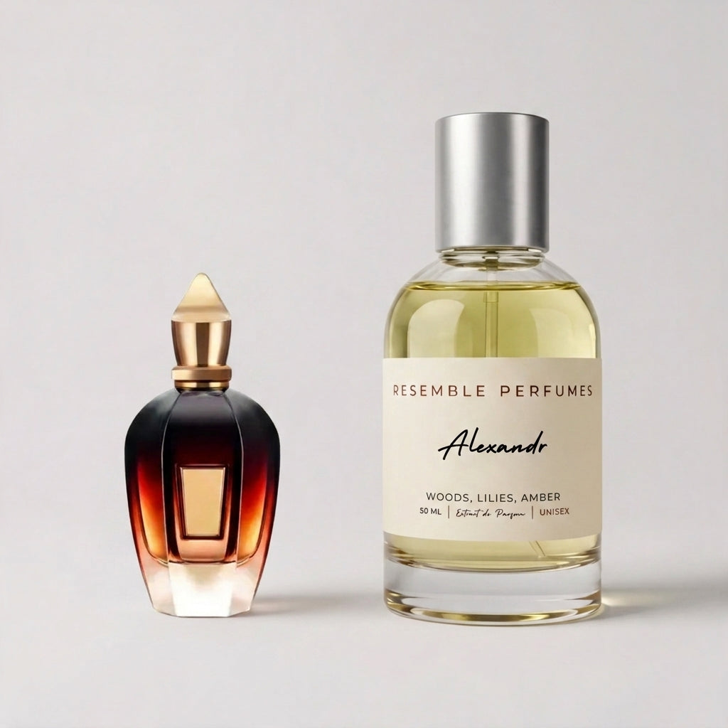 Alexandr extrait de parfum by Resemble Perfumes beside the niche fragrance that inspired it