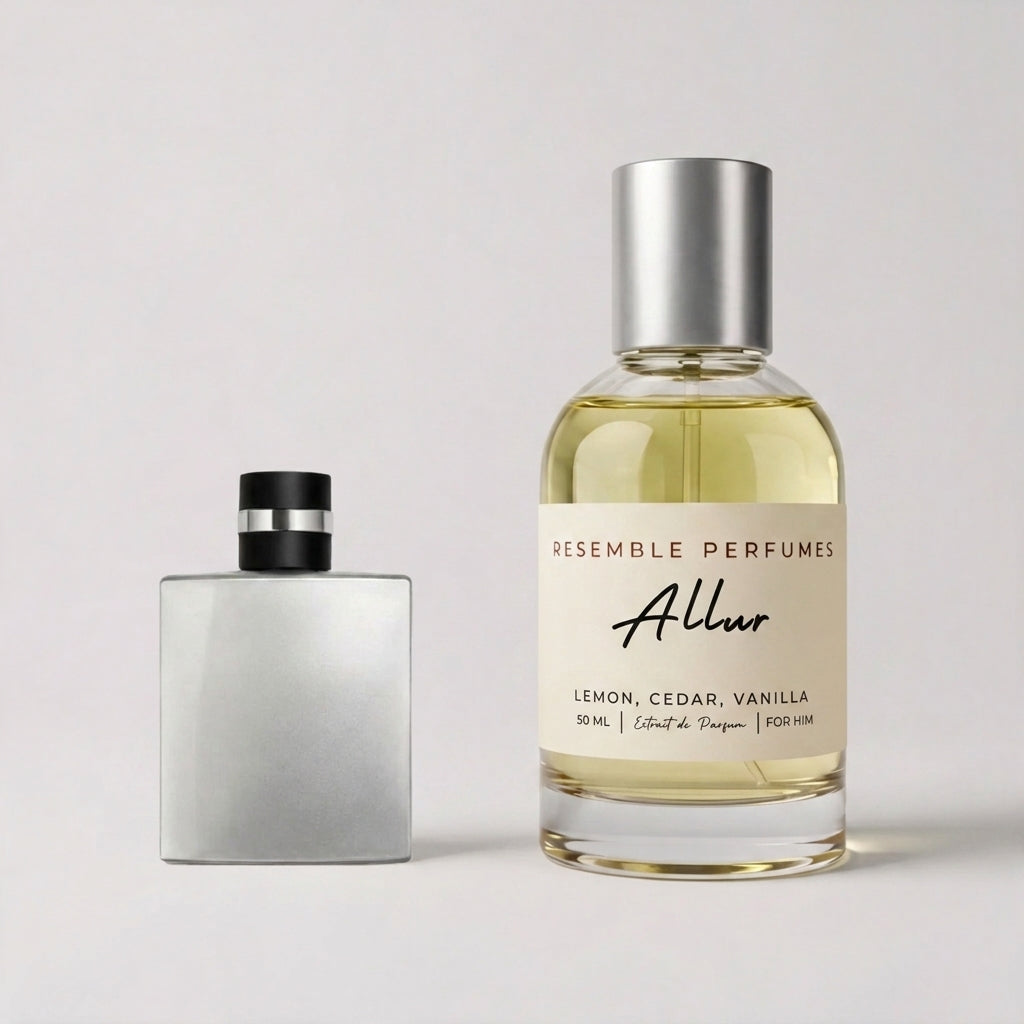 Allur extrait de parfum by Resemble Perfumes beside the designer fragrance that inspired it