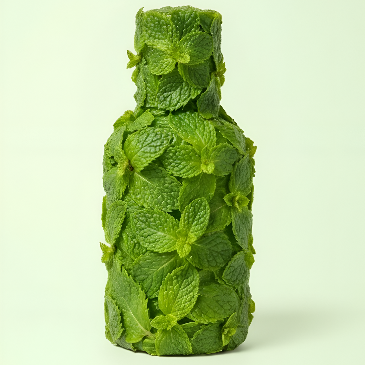 A perfume bottle wrapped in fresh mint leaves on a pale green background