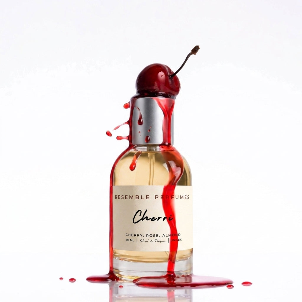 Cherri extrait de parfum by Resemble Perfumes lit against a dark studio background