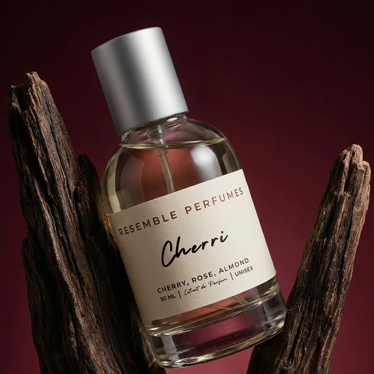 Cherri extrait de parfum by Resemble Perfumes among pieces of driftwood on a deep red background