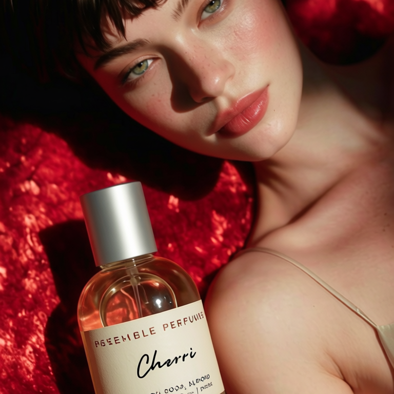 Cherri extrait de parfum by Resemble Perfumes in front of a model dressed in red