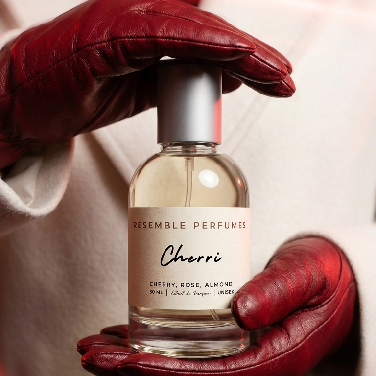 A red leather glove resting on Cherri extrait de parfum by Resemble Perfumes