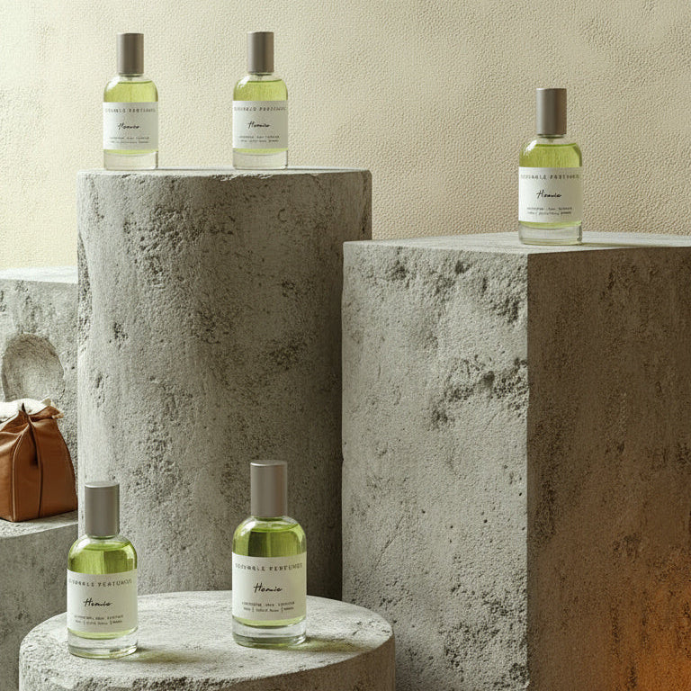 Several Resemble Perfumes extrait de parfum bottles arranged on concrete display plinths