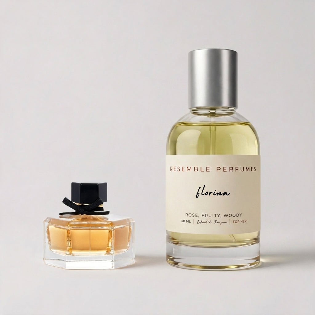 Florina extrait de parfum by Resemble Perfumes beside the designer floral fragrance that inspired it