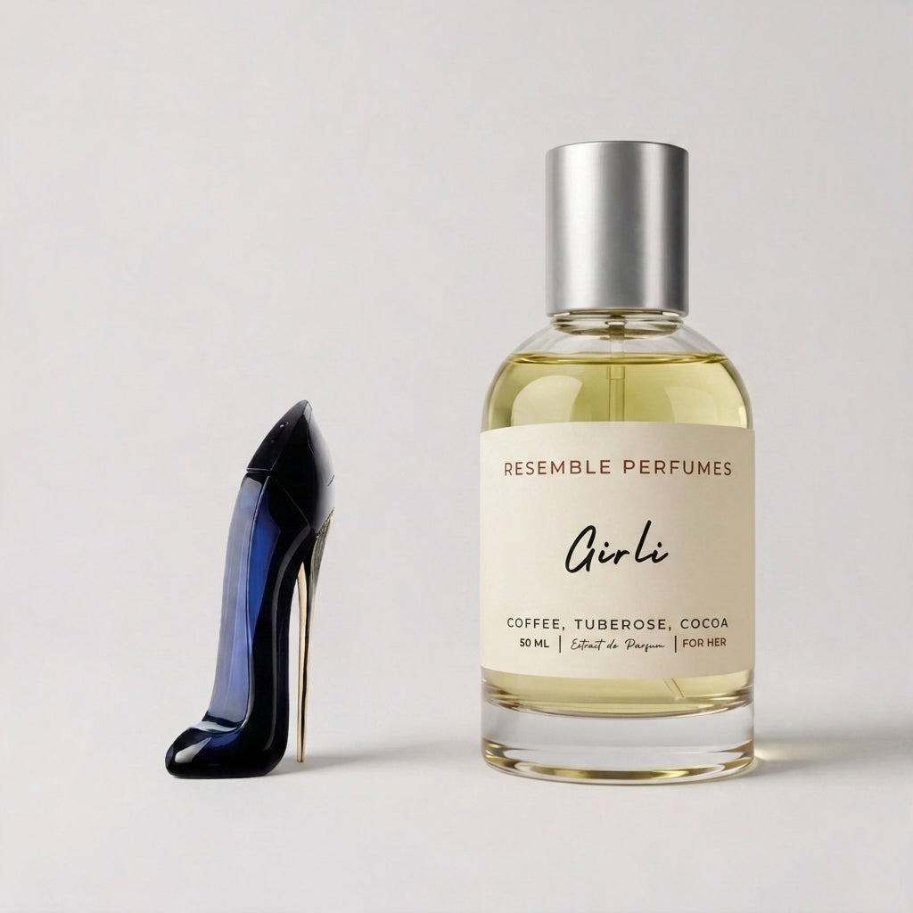 Girli extrait de parfum by Resemble Perfumes beside the designer fragrance that inspired it