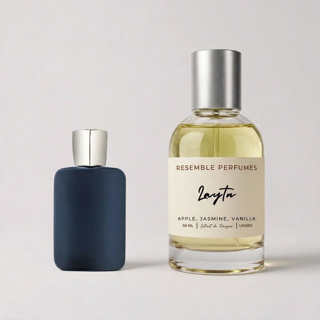 Laytn extrait de parfum by Resemble Perfumes beside the niche fragrance that inspired it