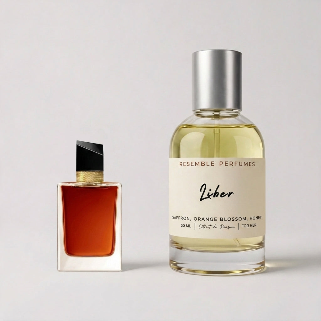 Liber extrait de parfum by Resemble Perfumes beside the designer fragrance that inspired it