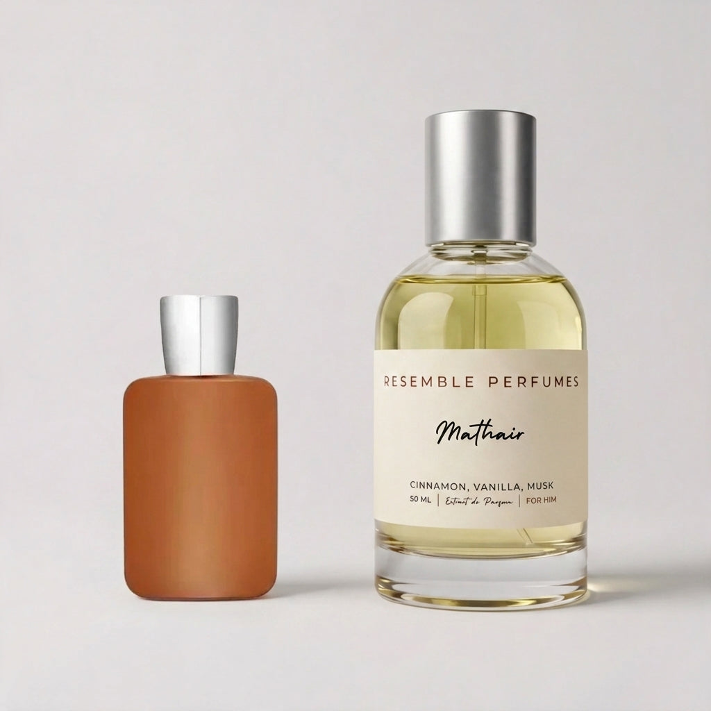 Mathair extrait de parfum by Resemble Perfumes beside the niche fragrance that inspired it
