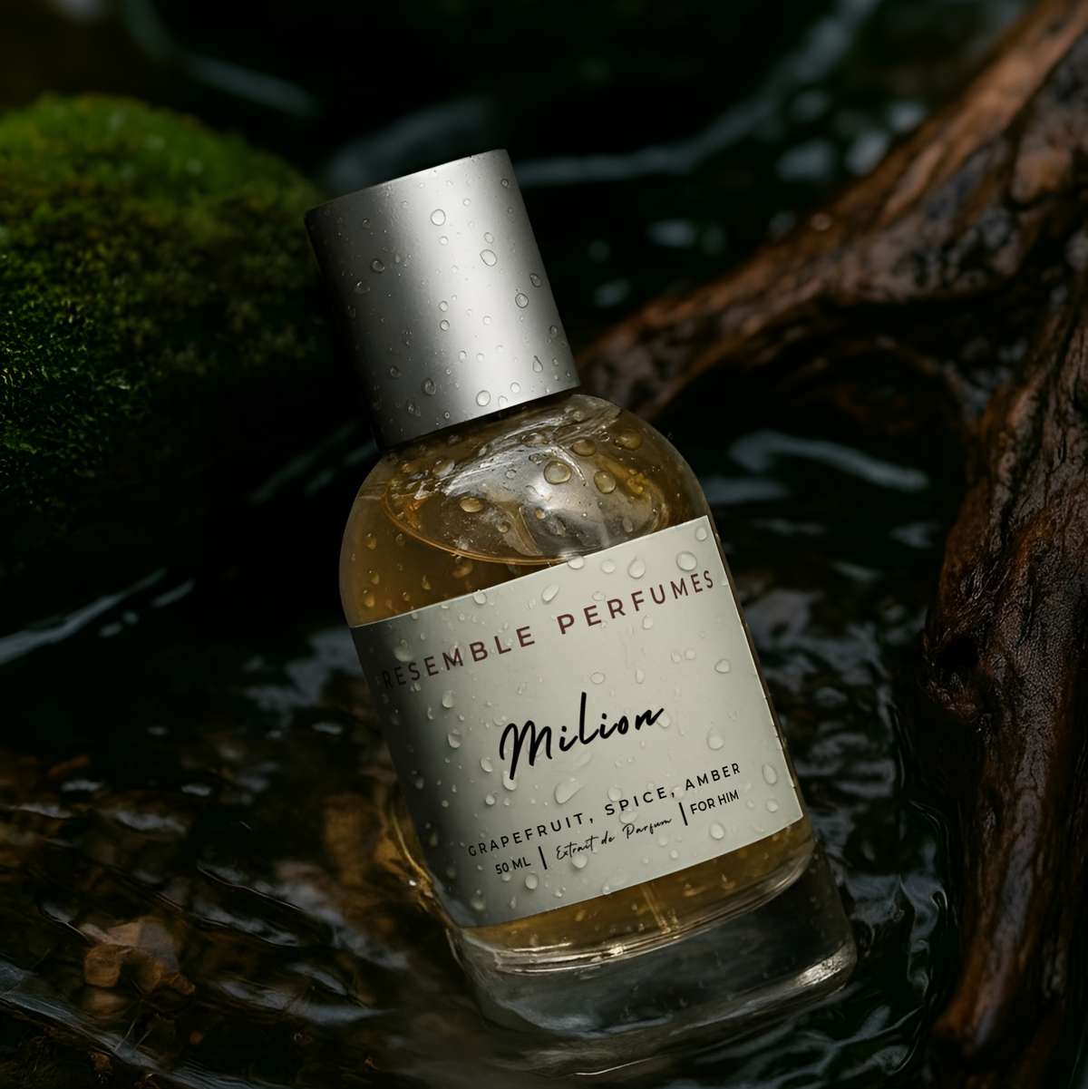 Milion extrait de parfum by Resemble Perfumes resting on a mossy rock beside running water