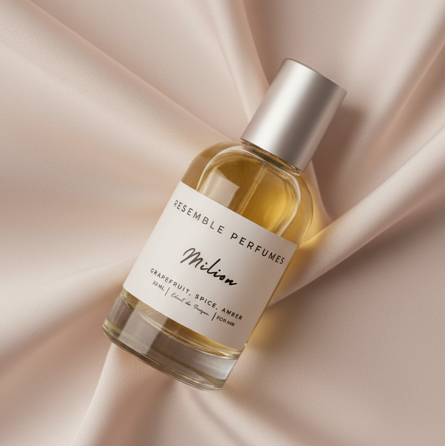 Milion extrait de parfum by Resemble Perfumes lying on folds of champagne silk