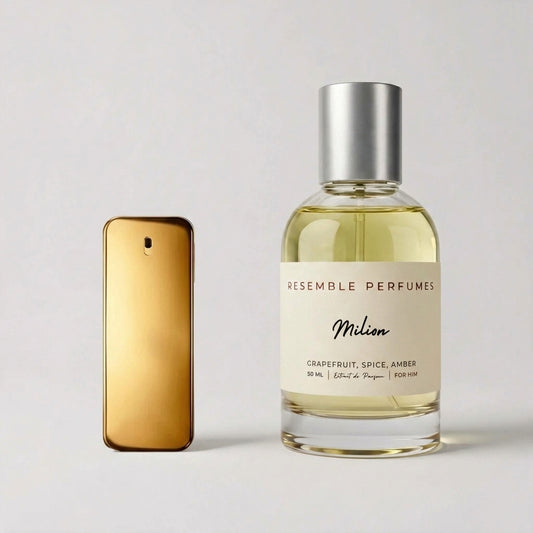 Milion extrait de parfum by Resemble Perfumes beside the designer fragrance that inspired it