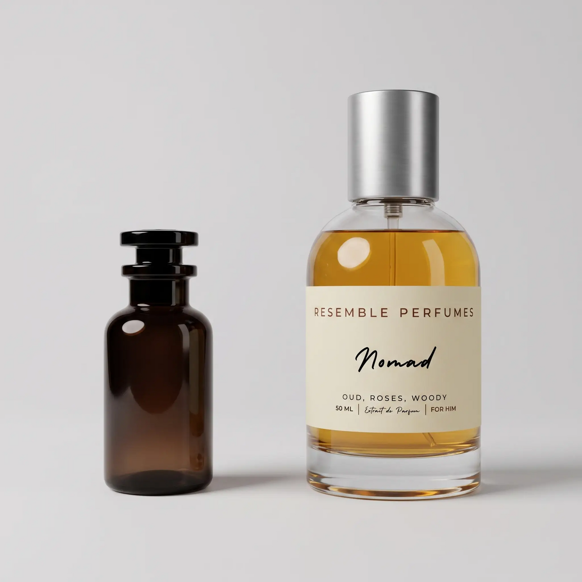 Nomad extrait de parfum by Resemble Perfumes beside the designer oud fragrance that inspired it