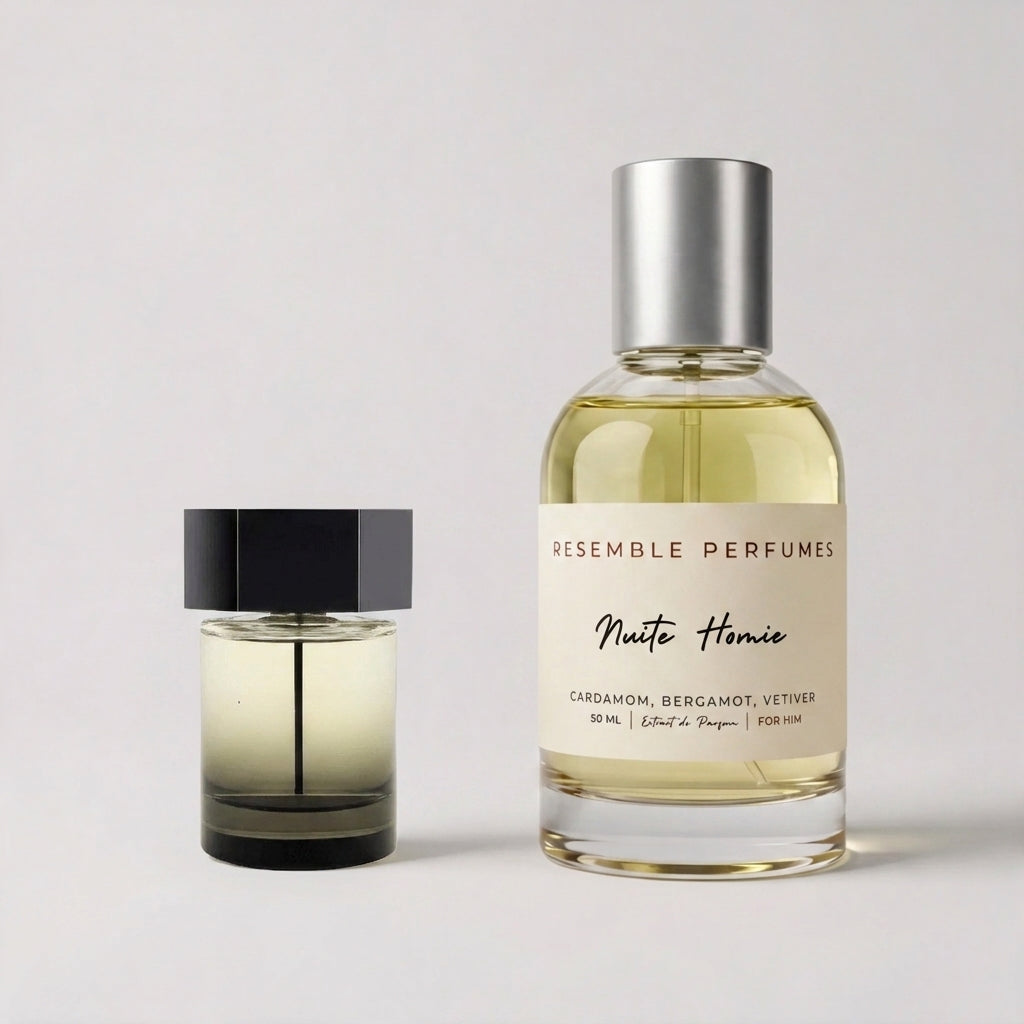 Nuite Homie extrait de parfum by Resemble Perfumes beside the designer fragrance that inspired it