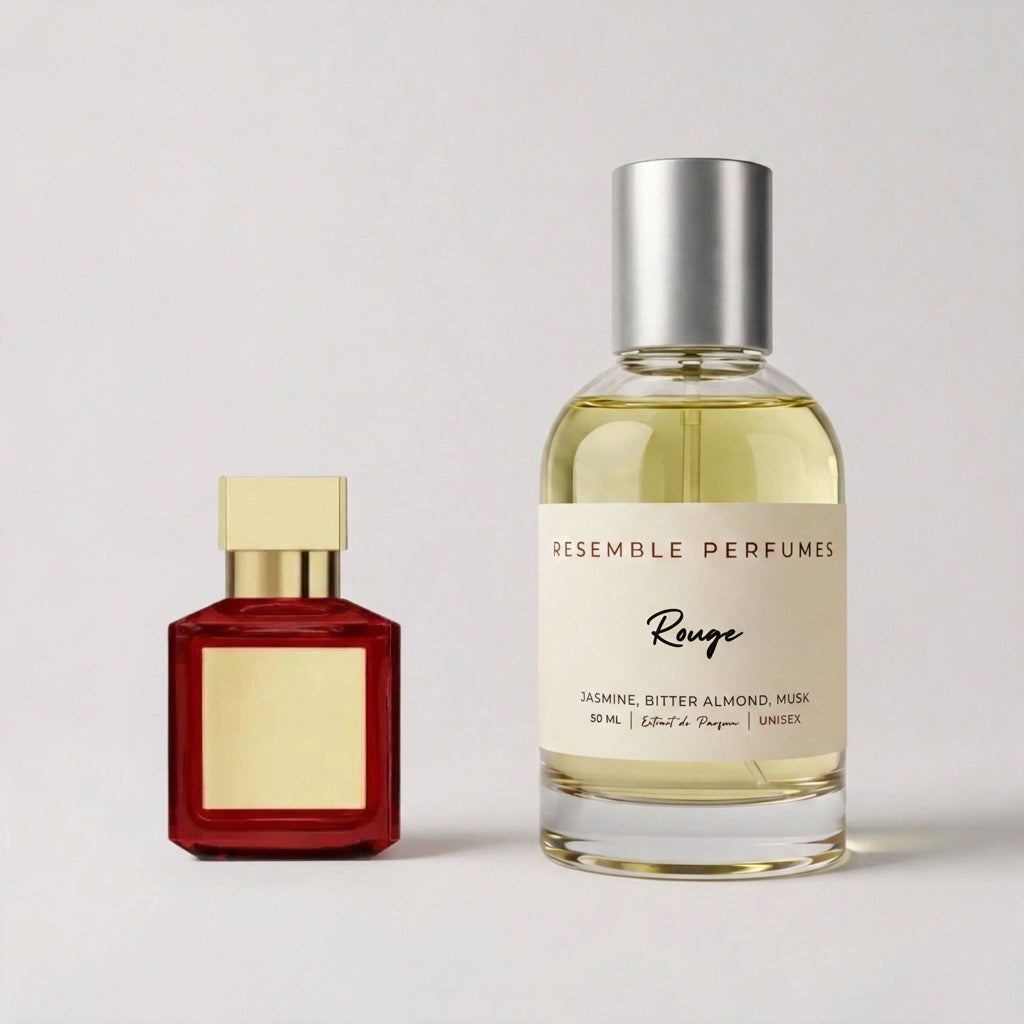 Rouge extrait de parfum by Resemble Perfumes beside the niche fragrance that inspired it