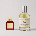 Rouge extrait de parfum by Resemble Perfumes beside the niche fragrance that inspired it