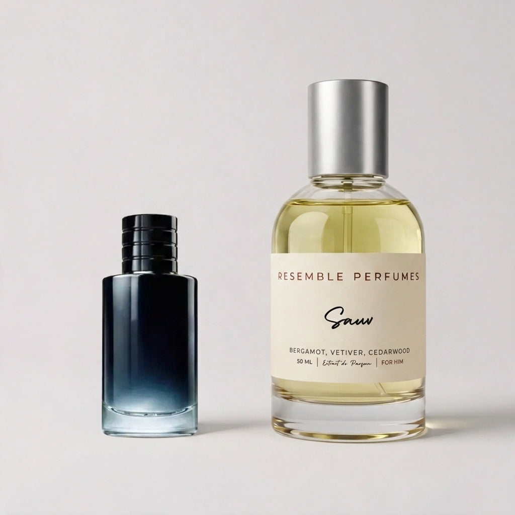 Sauv extrait de parfum by Resemble Perfumes beside the designer fragrance that inspired it