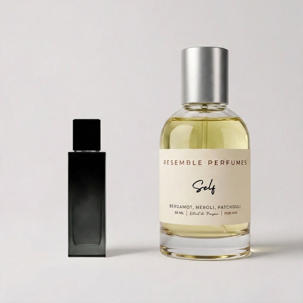 Self extrait de parfum by Resemble Perfumes beside the designer fragrance that inspired it