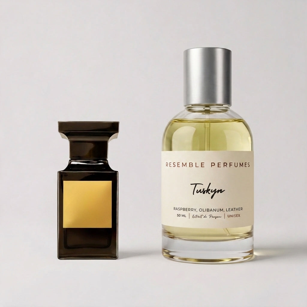 Tuskyn extrait de parfum by Resemble Perfumes beside the designer leather fragrance that inspired it