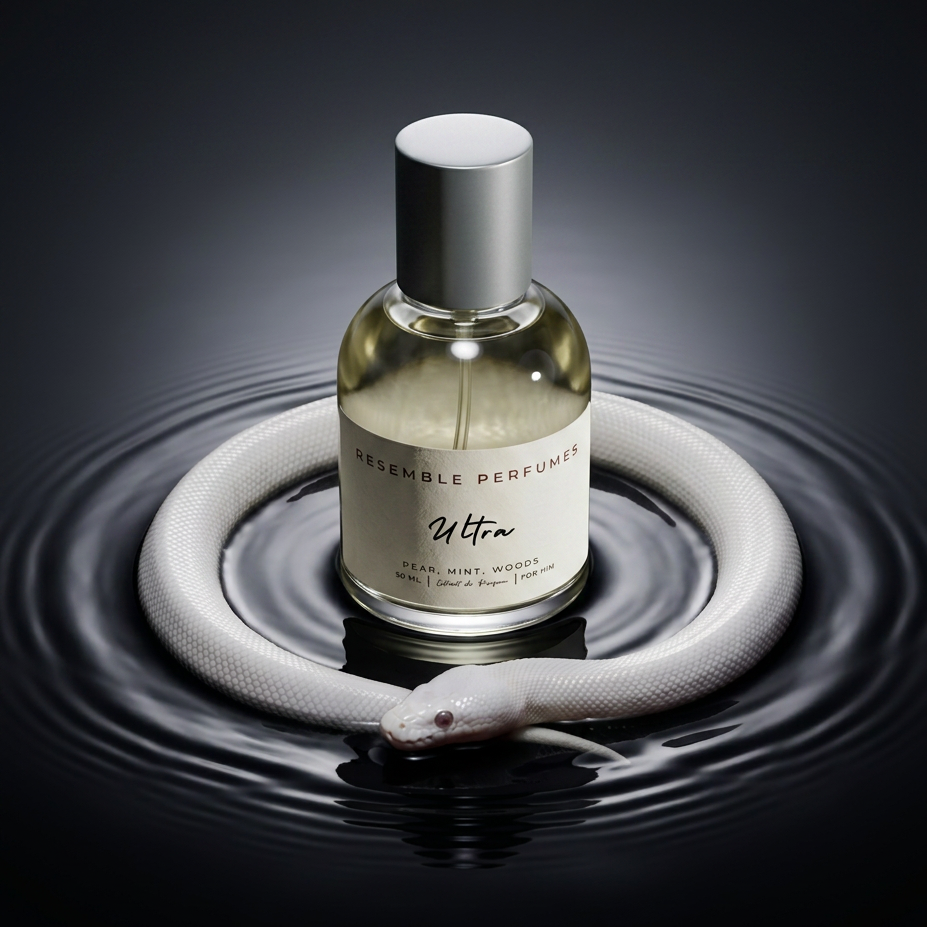Ultra extrait de parfum by Resemble Perfumes standing in a ring of dark rippling water