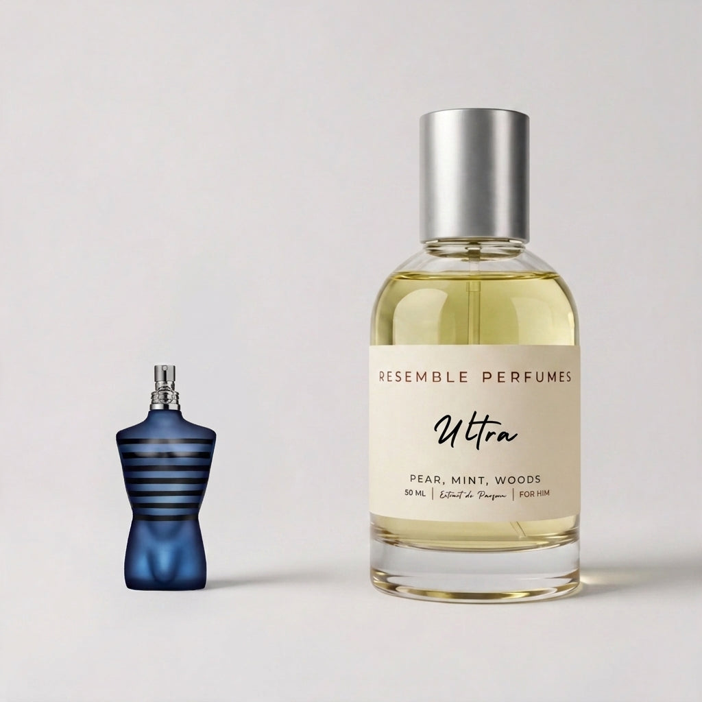 Ultra extrait de parfum by Resemble Perfumes beside the designer fragrance that inspired it