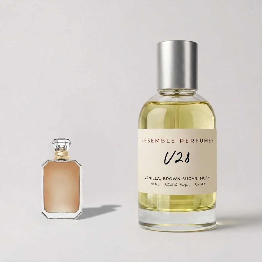 V28 extrait de parfum by Resemble Perfumes beside the fragrance that inspired it
